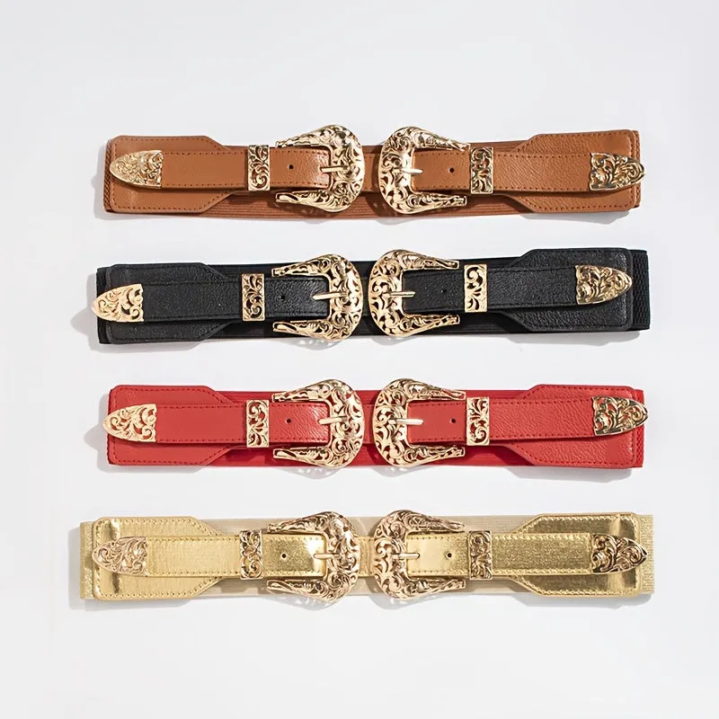 Vintage Style Elastic Waist Belt for Women Metal Buckle Casual Accessory