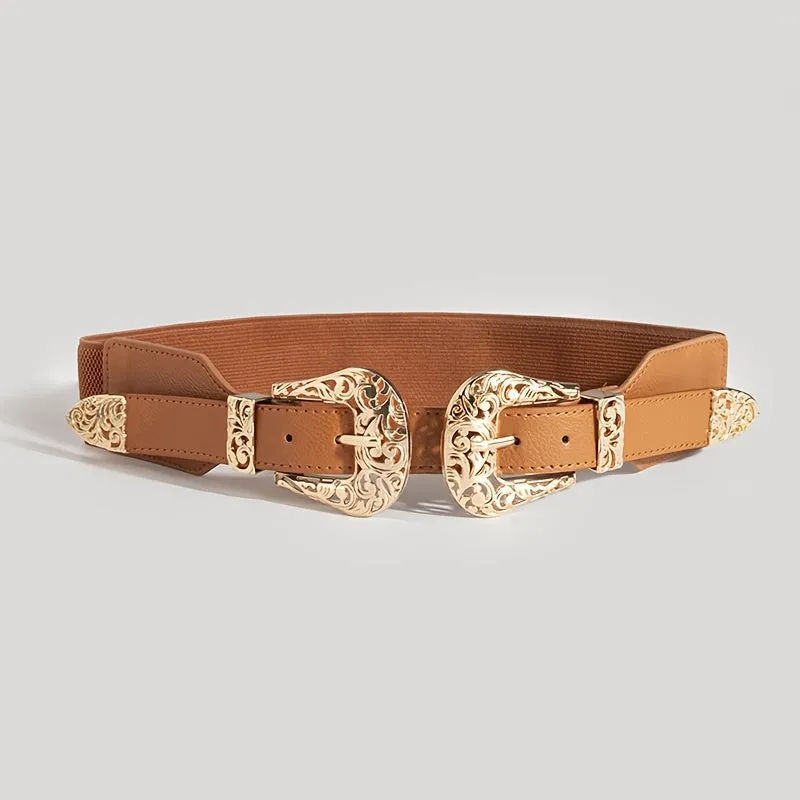 Vintage Style Elastic Waist Belt for Women Metal Buckle Casual Accessory