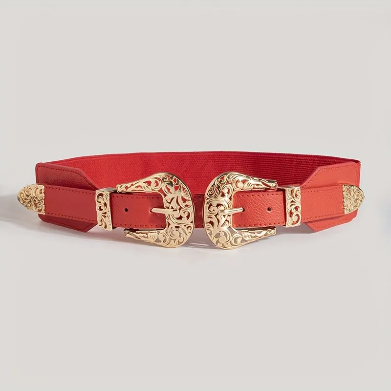 Vintage Style Elastic Waist Belt for Women Metal Buckle Casual Accessory