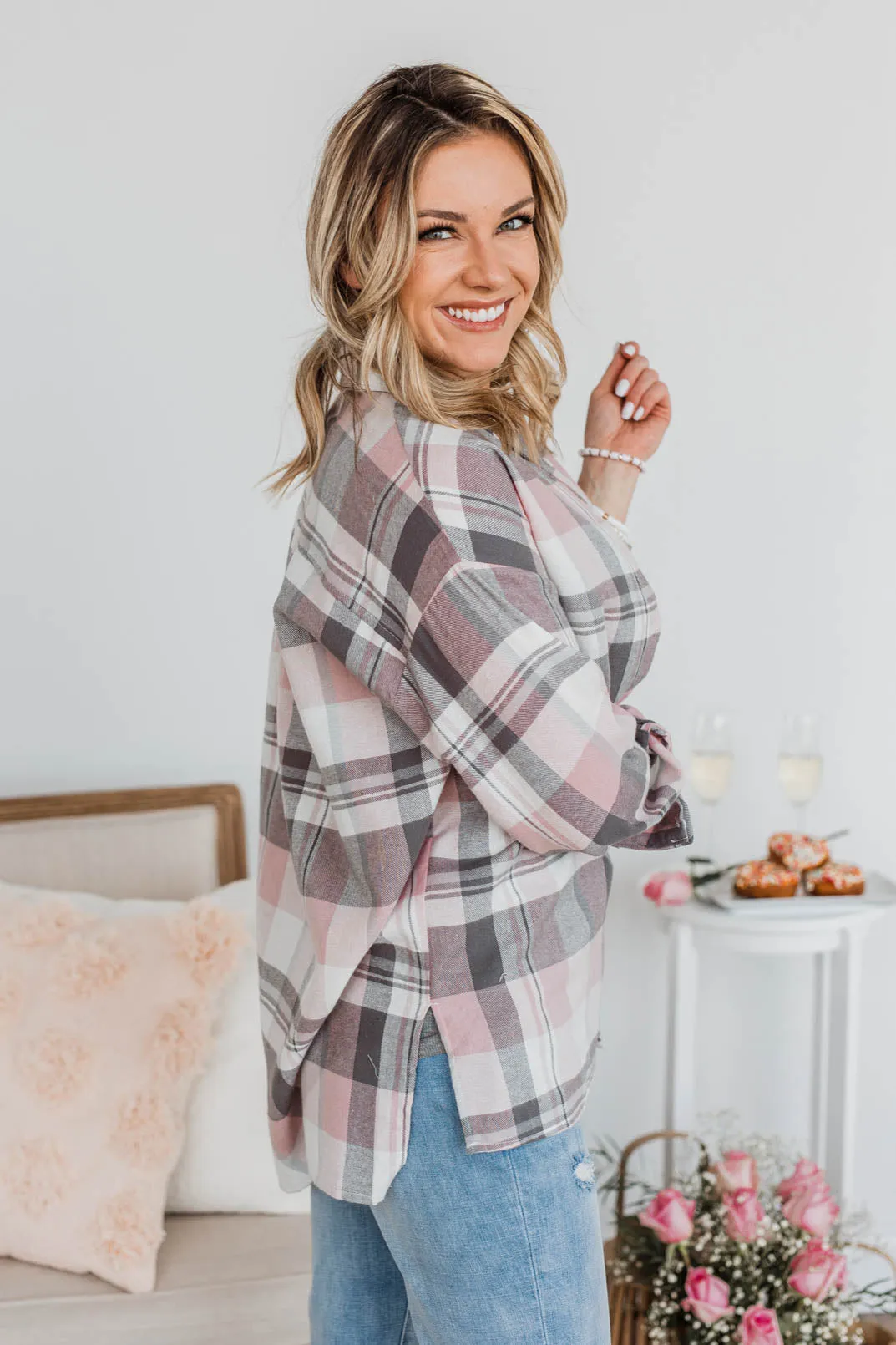 What's Next For Us Plaid Button Top- Pink