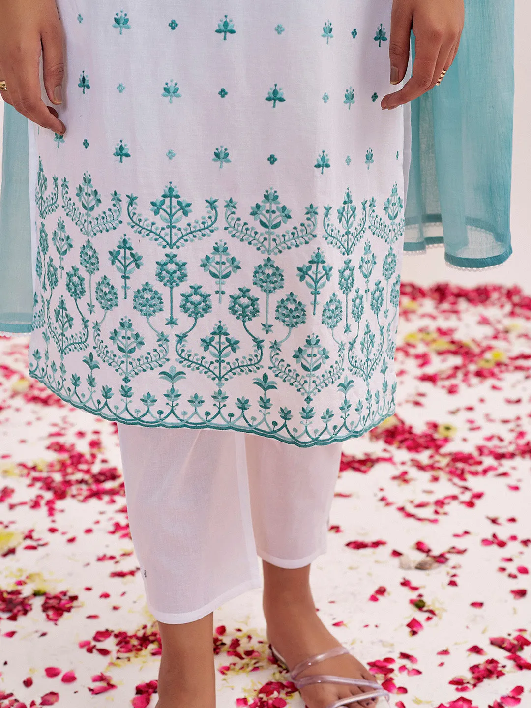 White & Green Threadwork Embroidered Cotton Kurta Set With Dupatta
