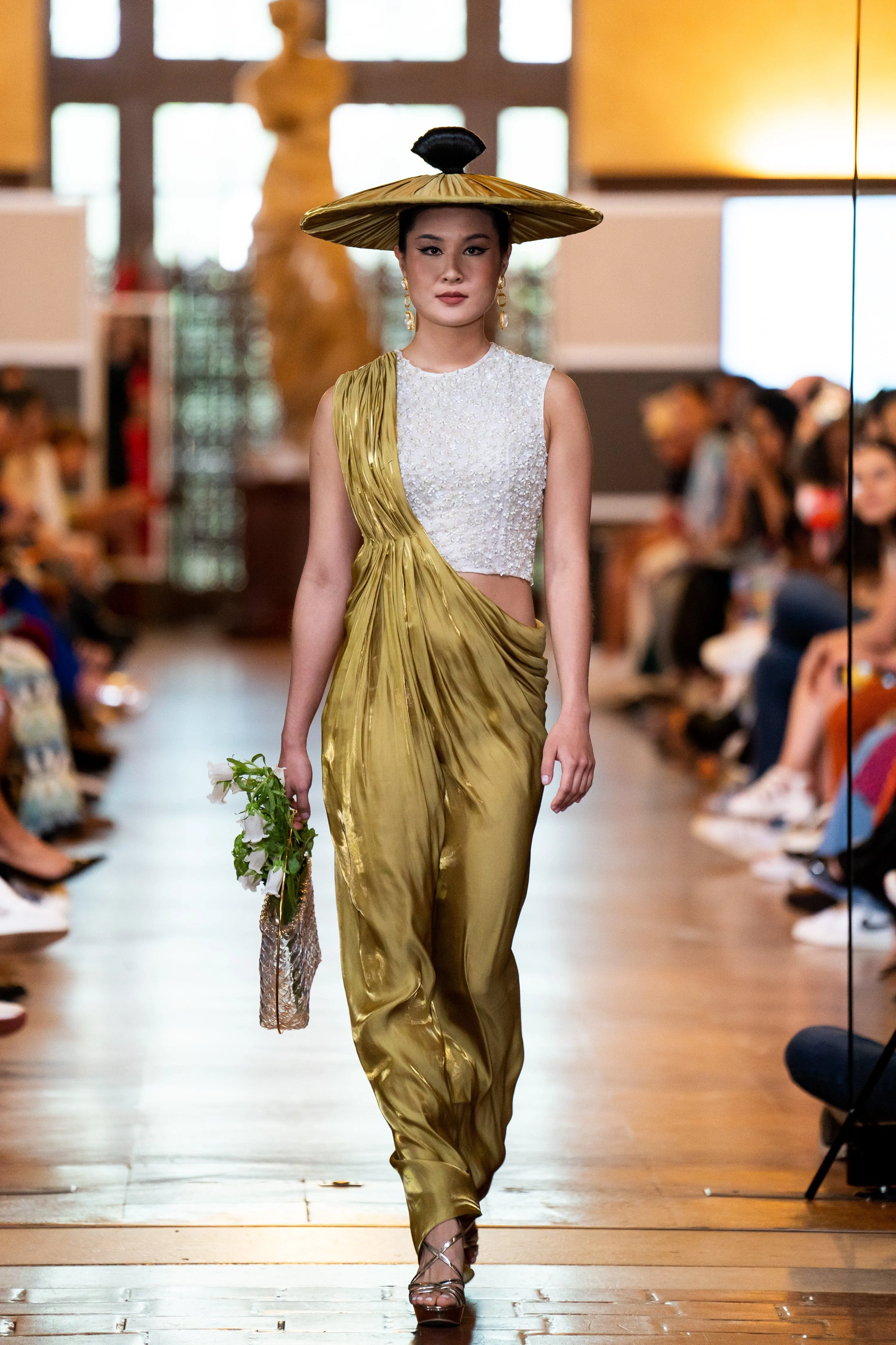 White Beaded Top Chartreuse Drape Dress