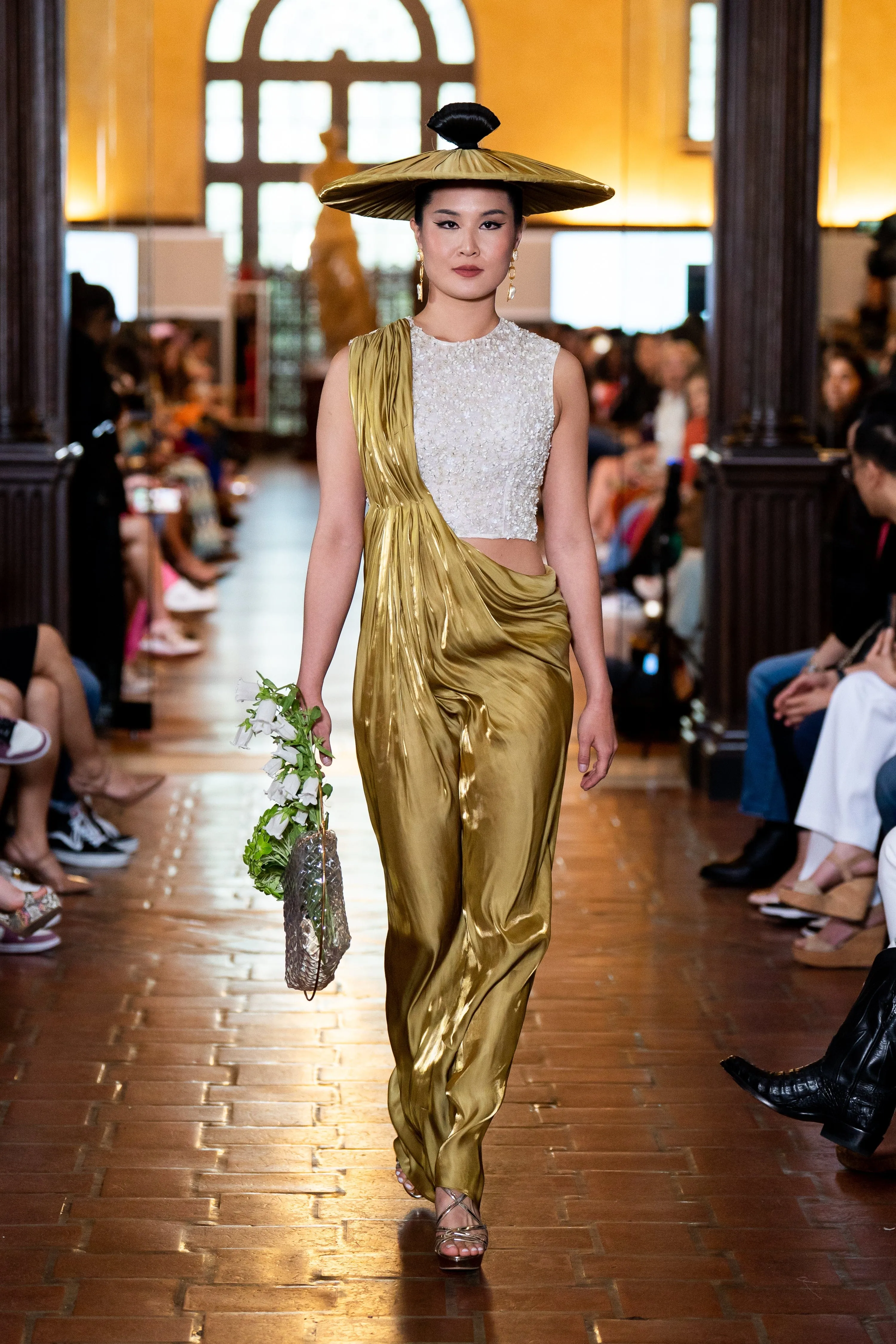 White Beaded Top Chartreuse Drape Dress