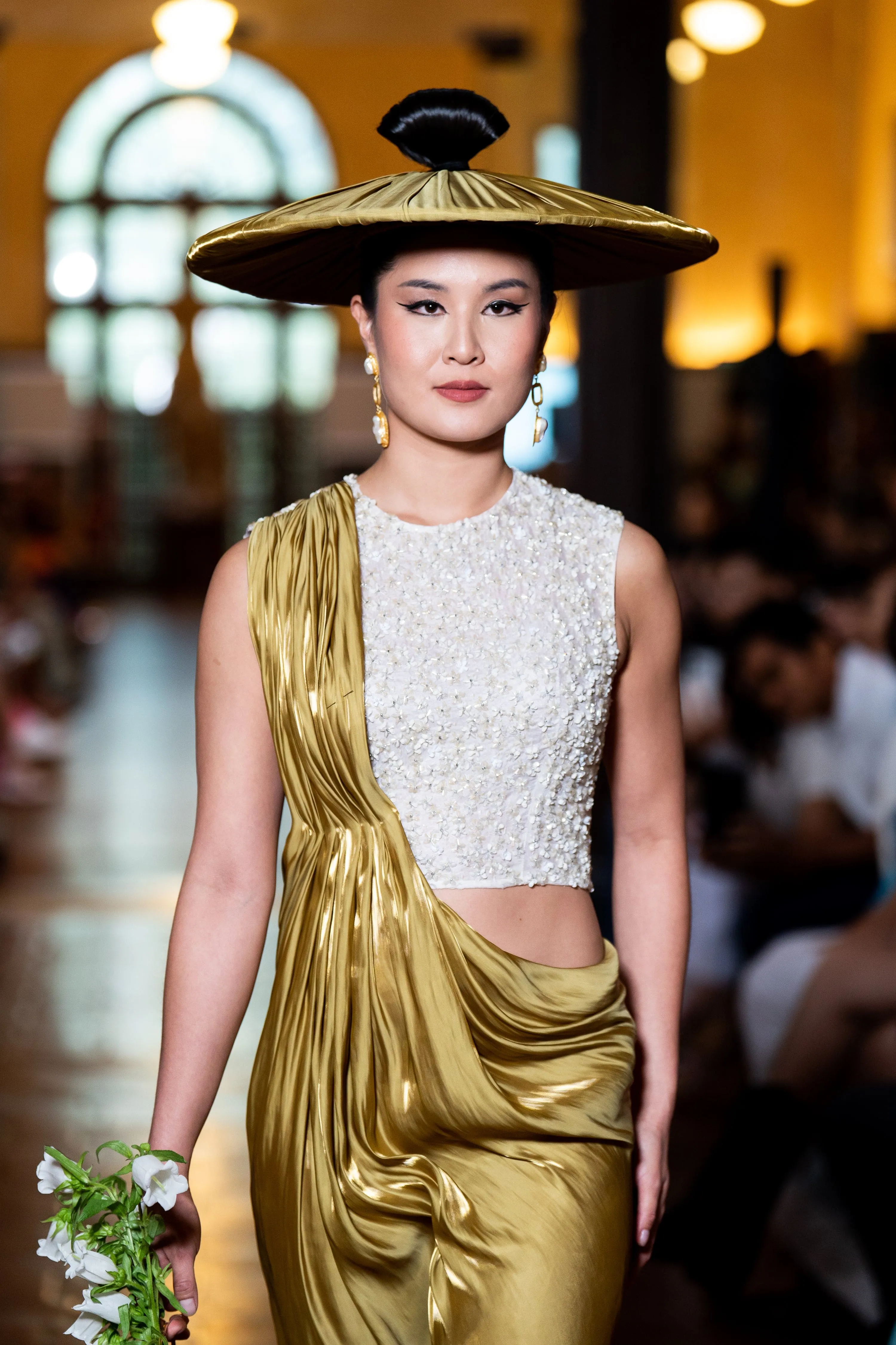 White Beaded Top Chartreuse Drape Dress