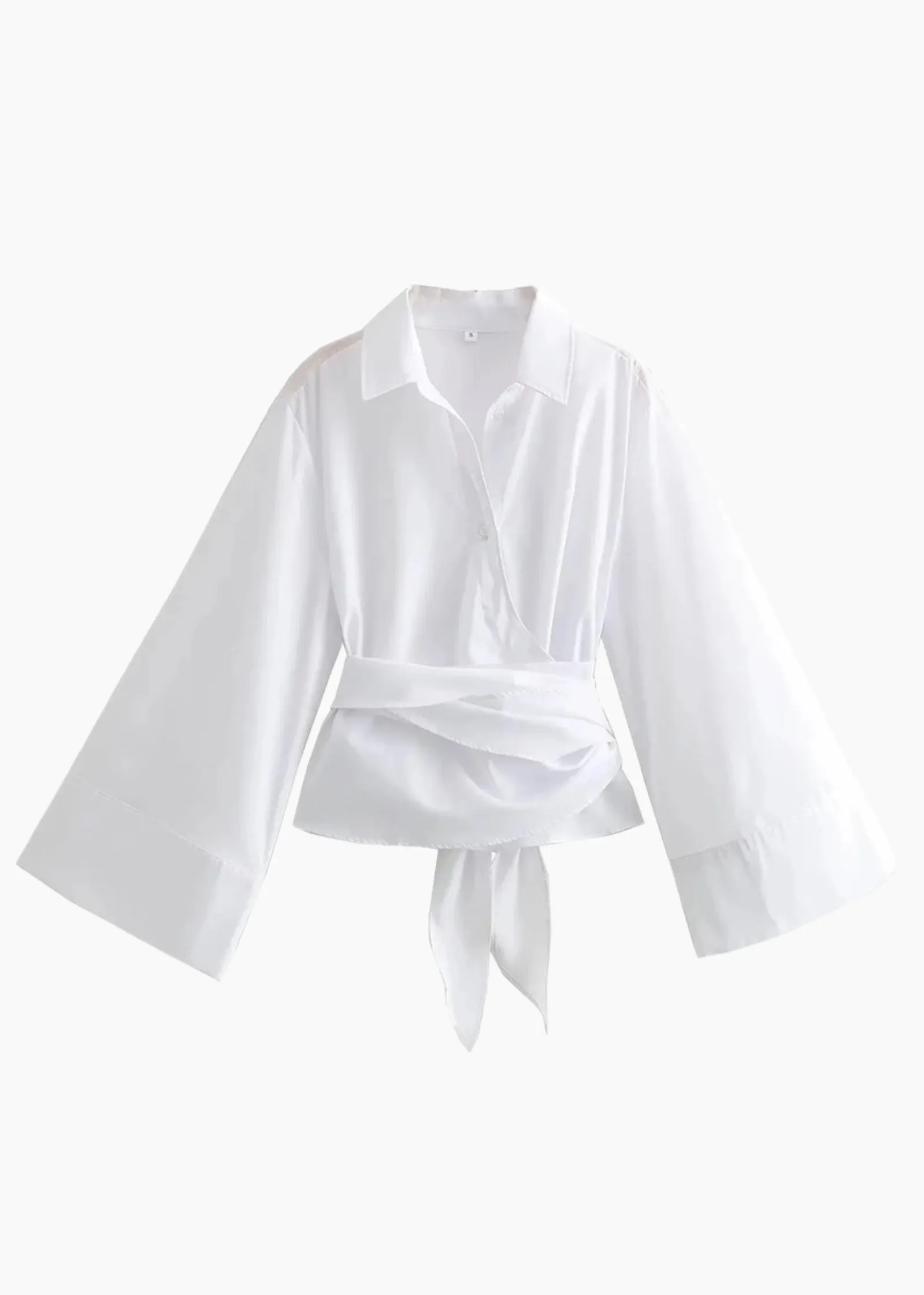 WHITE FLARED SLEEVE WRAP AROUND SHIRT