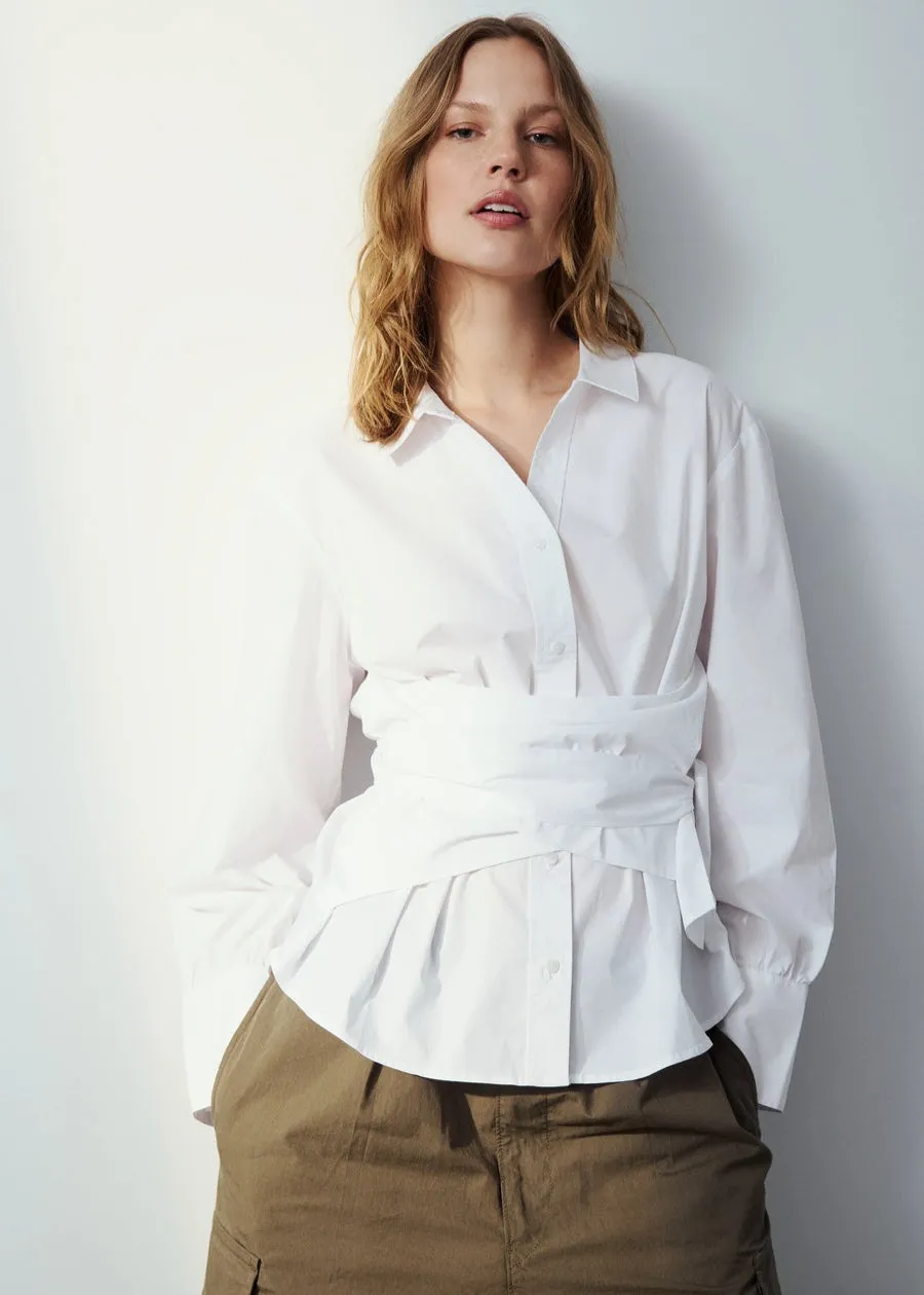 WHITE FLARED SLEEVE WRAP AROUND SHIRT