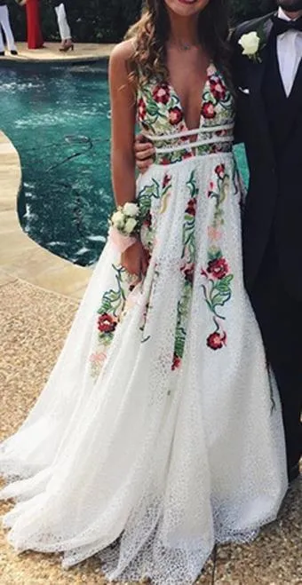 white flower prom dress