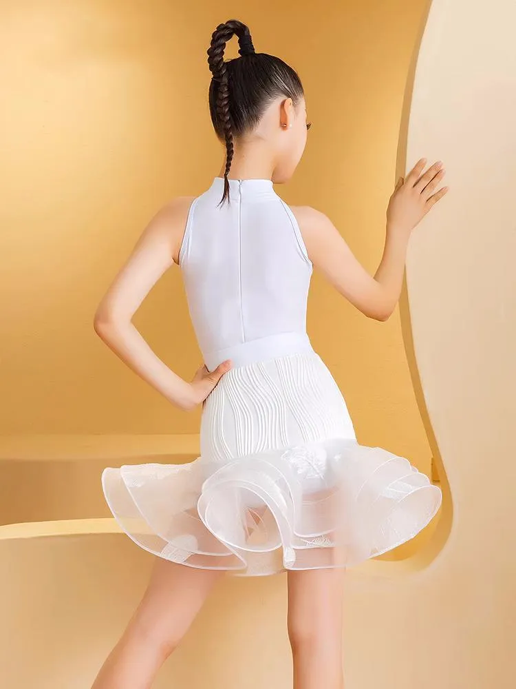 White lace Latin dance dresses for girls kids white turtleneck sleeveless flowers ballroom salsa Latin dance performance wear
