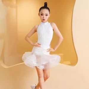 White lace Latin dance dresses for girls kids white turtleneck sleeveless flowers ballroom salsa Latin dance performance wear