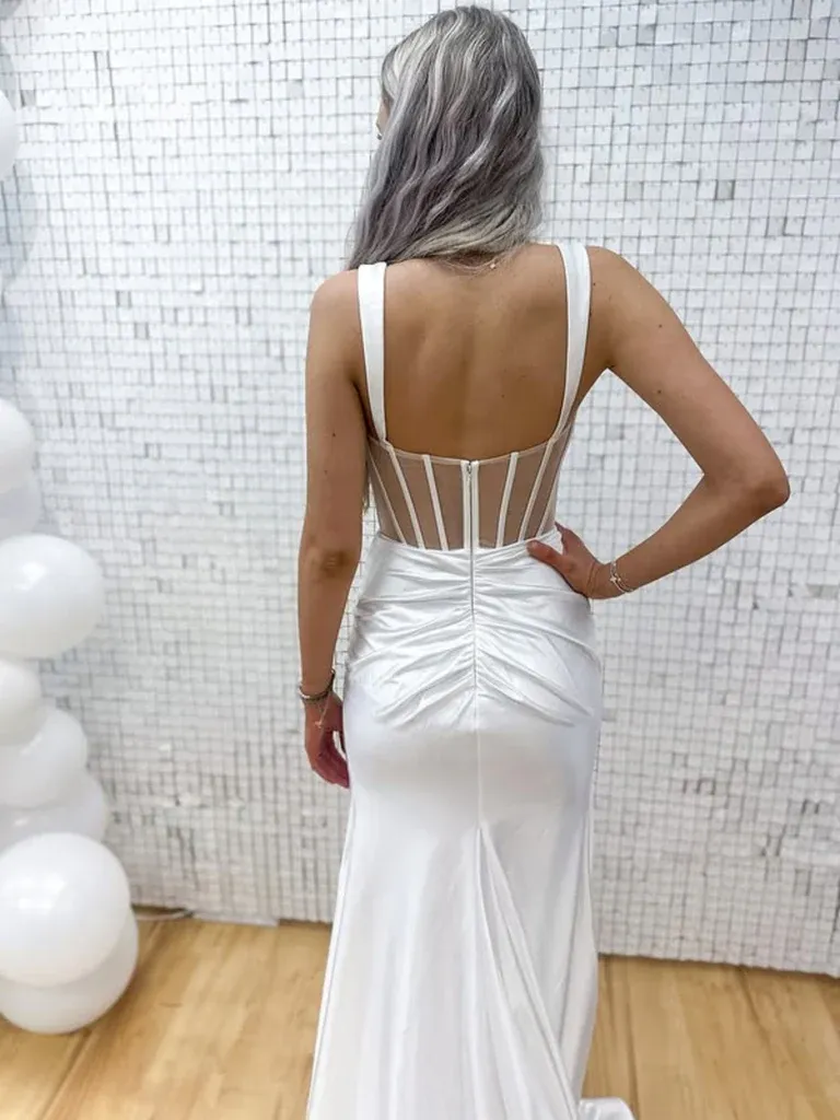 White Open Back Satin Long Prom Dresses With  High Slit, Long White Formal Graduation Evening Dresses