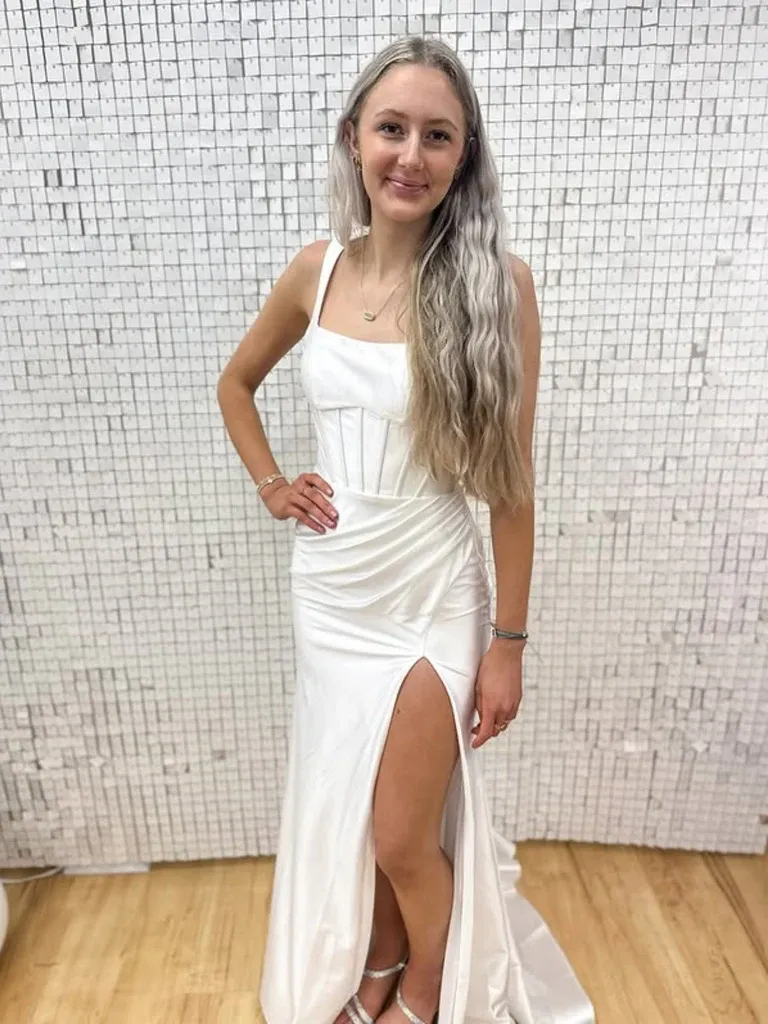 White Open Back Satin Long Prom Dresses With  High Slit, Long White Formal Graduation Evening Dresses