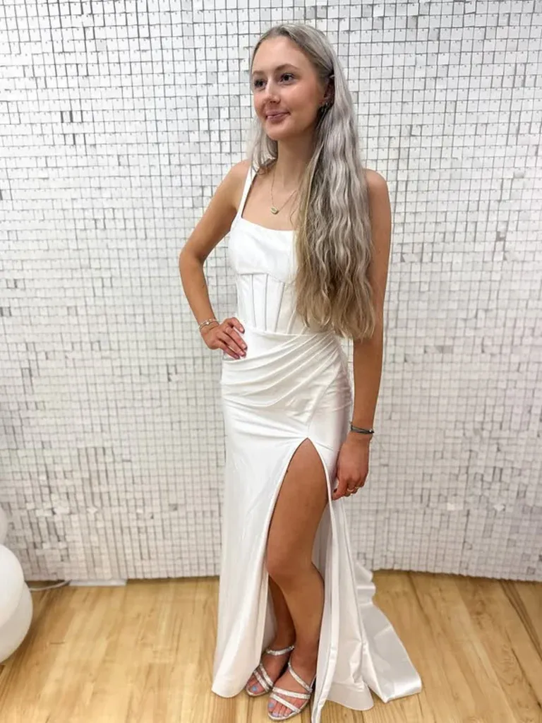 White Open Back Satin Long Prom Dresses With  High Slit, Long White Formal Graduation Evening Dresses