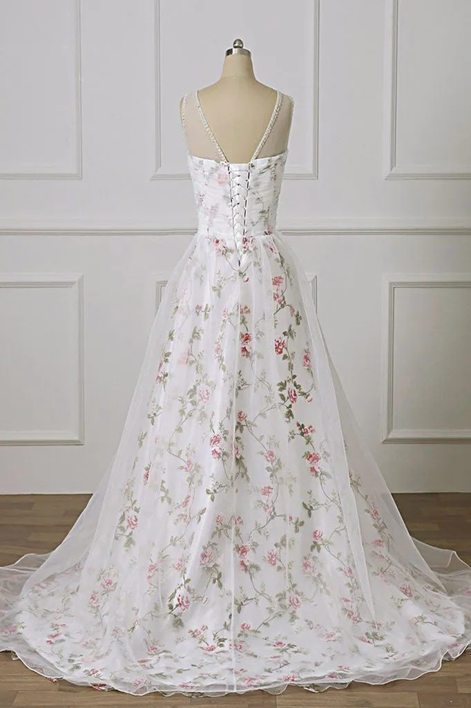 White sweetheart A line tulle long prom dress white formal dress