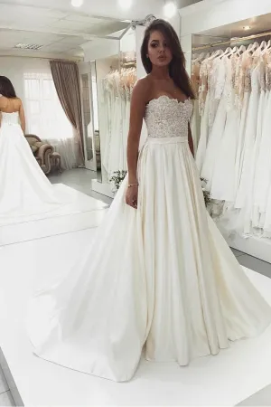 White sweetheart lace satin long prom dress, white lace evening dress