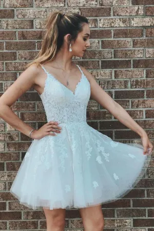 White Tulle A-line V-neck Lace Homecoming Dresses, School Event Dresses, MH558