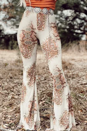 White Western Print High Waist Bell Pants