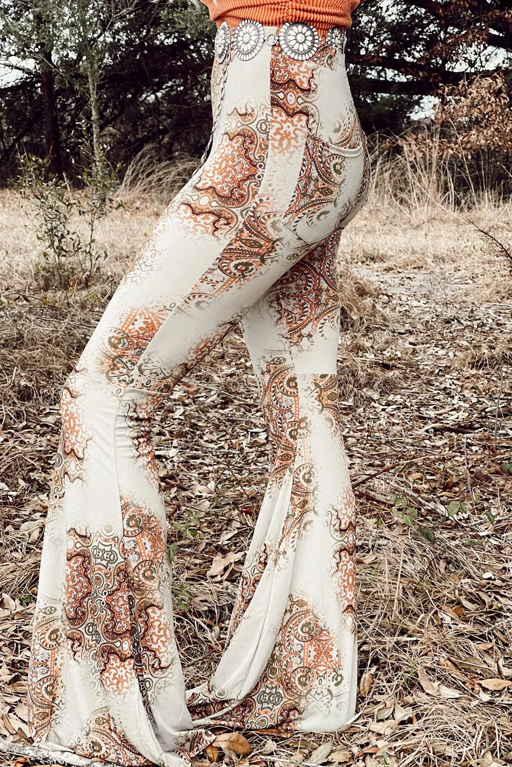 White Western Print High Waist Bell Pants