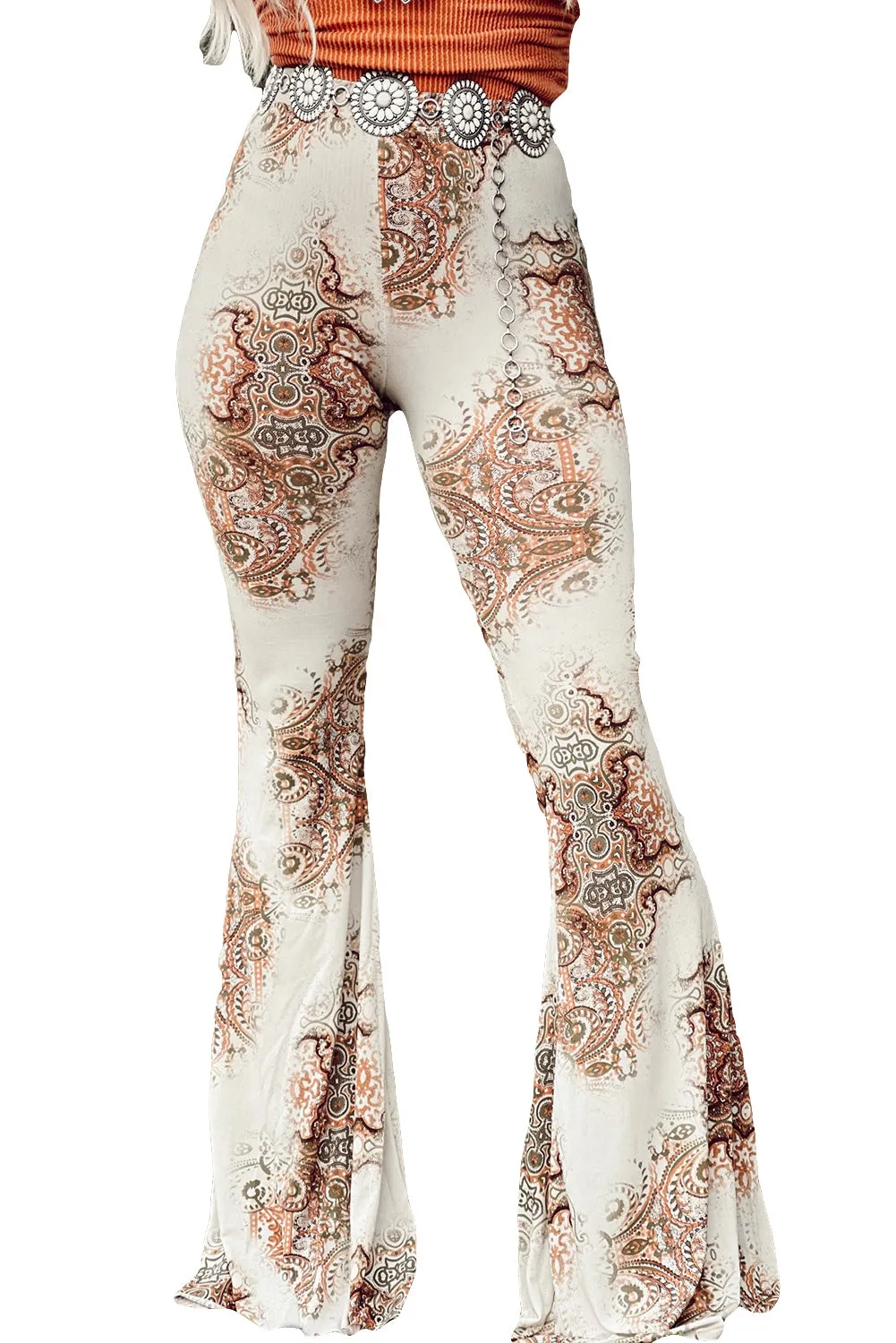 White Western Print High Waist Bell Pants
