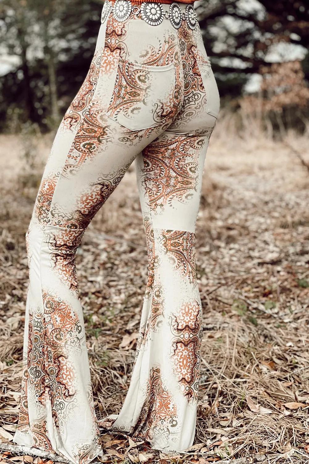White Western Print High Waist Bell Pants