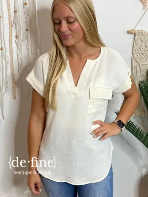 Willow V-Neck Blouse with Pocket in Ivory and Teal
