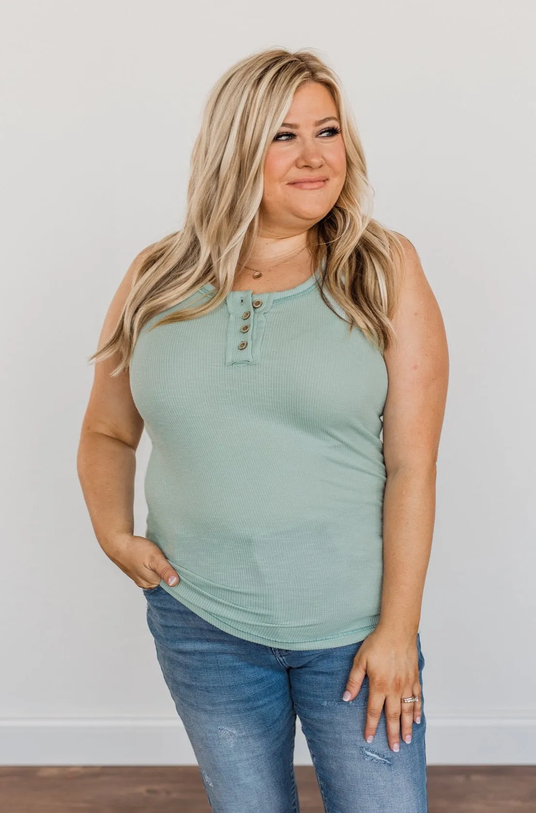 Wishful Thinking Button Henley Tank Top- Seafoam