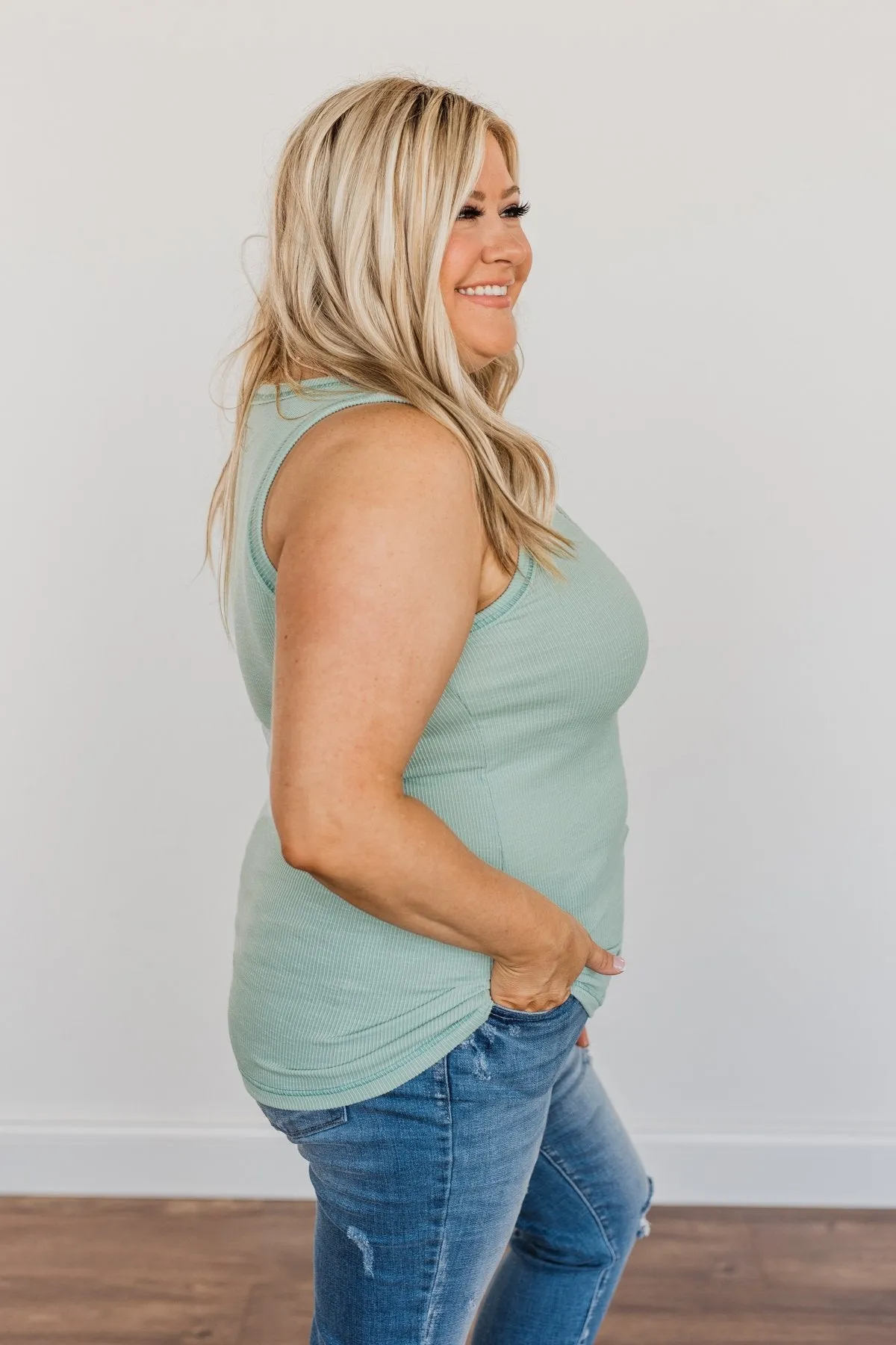 Wishful Thinking Button Henley Tank Top- Seafoam