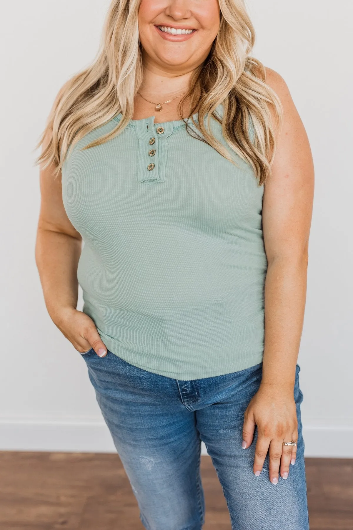 Wishful Thinking Button Henley Tank Top- Seafoam