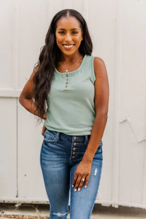 Wishful Thinking Button Henley Tank Top- Seafoam