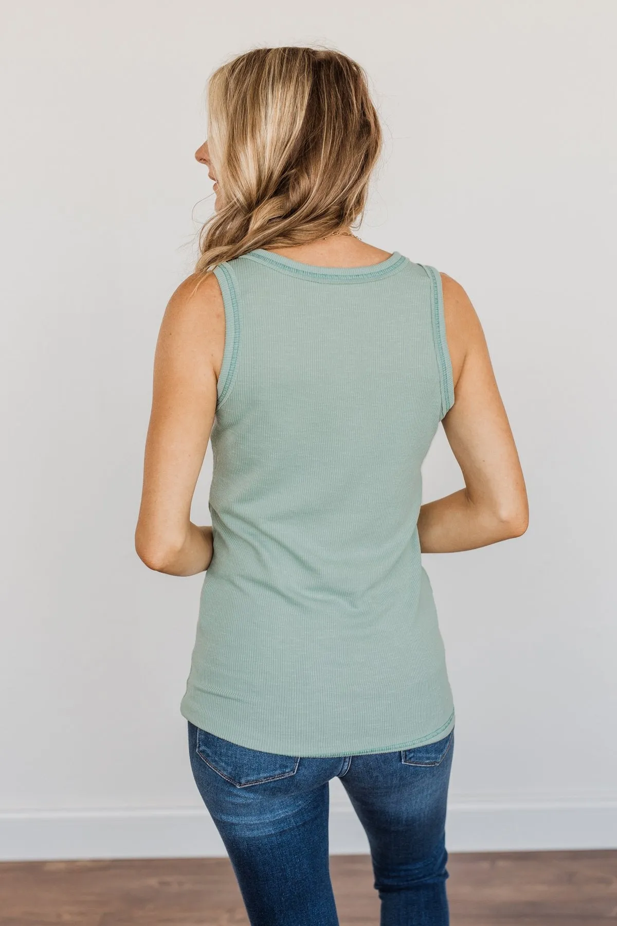 Wishful Thinking Button Henley Tank Top- Seafoam