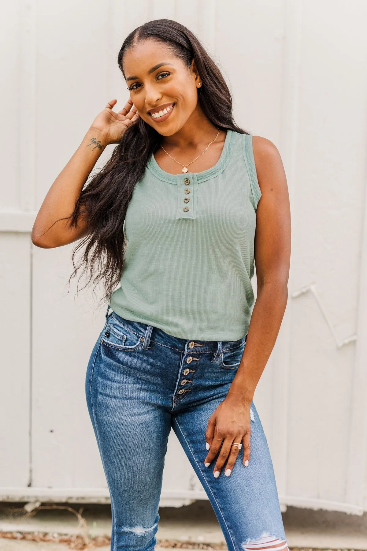 Wishful Thinking Button Henley Tank Top- Seafoam