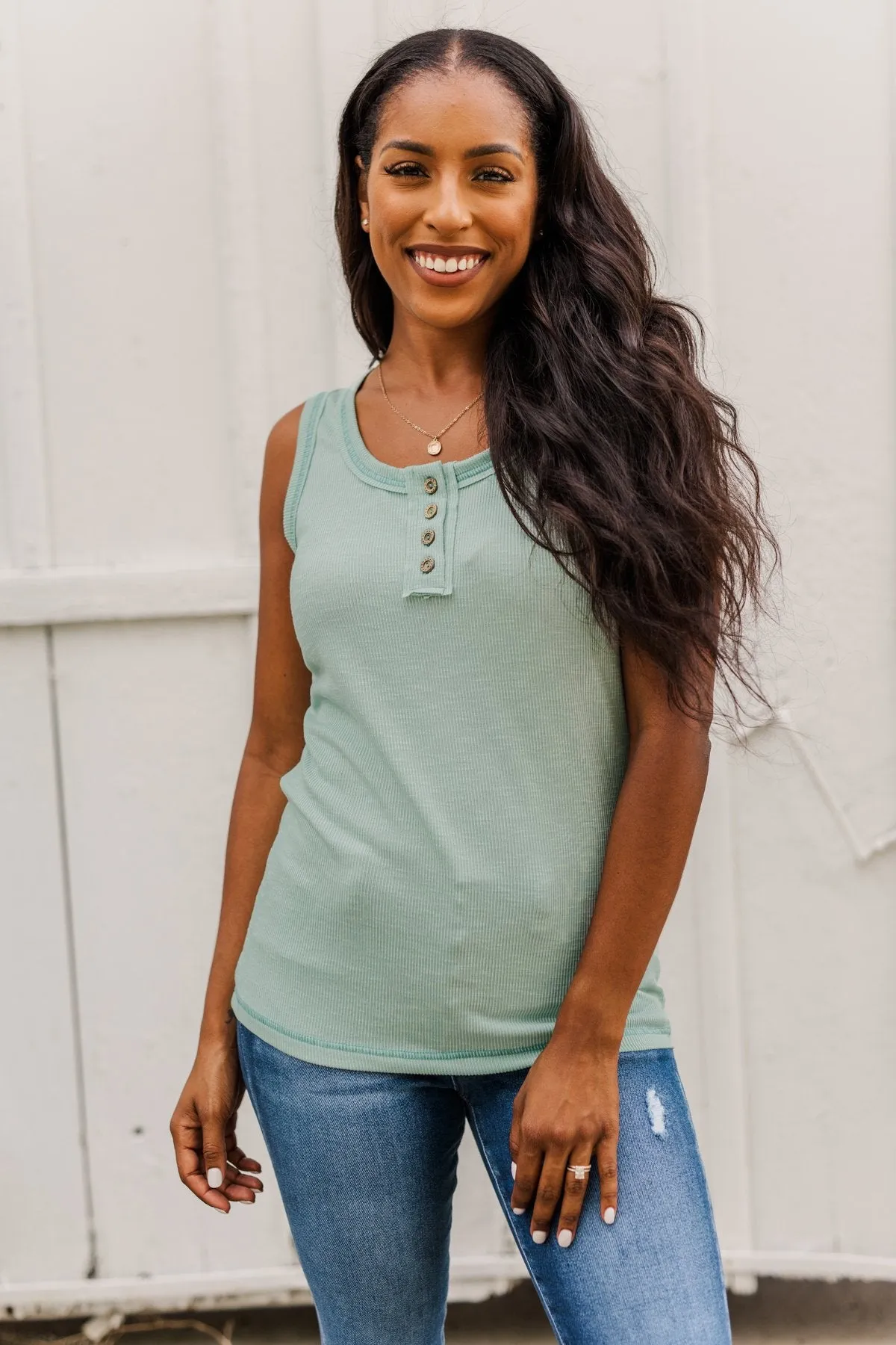 Wishful Thinking Button Henley Tank Top- Seafoam