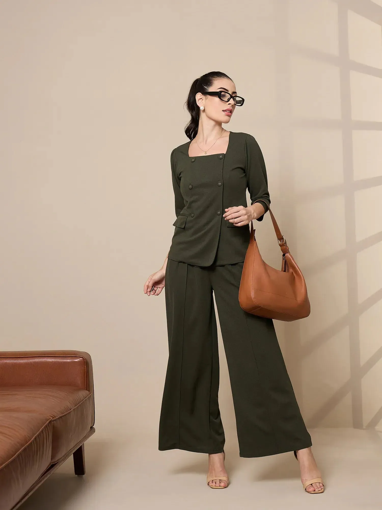 Women Olive Pleated Wide Leg Trousers-SFPANT50909
