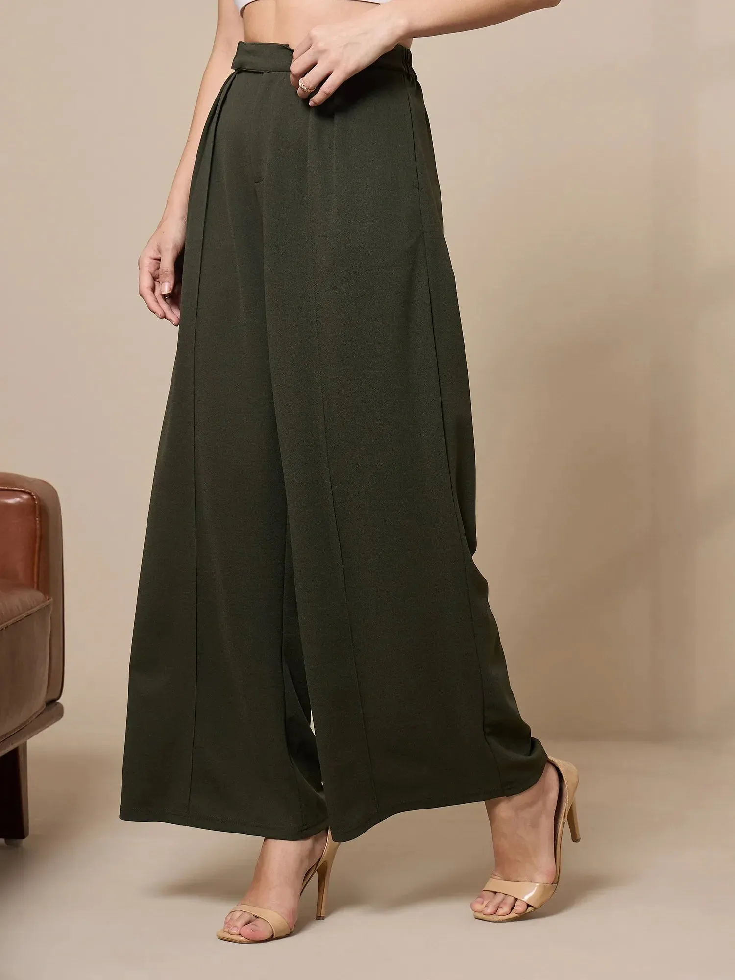 Women Olive Pleated Wide Leg Trousers-SFPANT50909