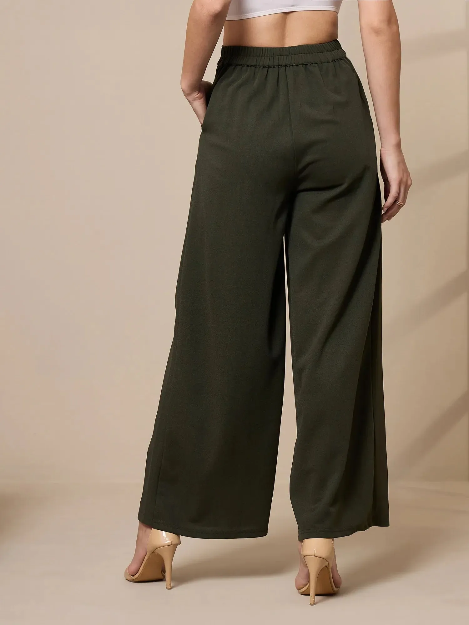Women Olive Pleated Wide Leg Trousers-SFPANT50909