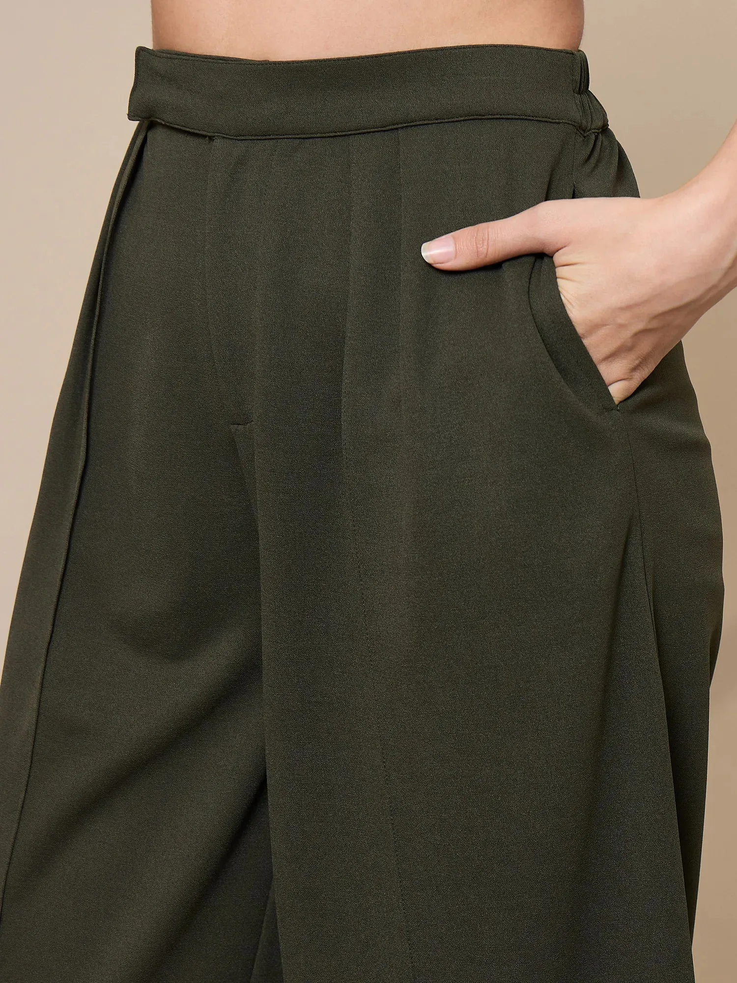 Women Olive Pleated Wide Leg Trousers-SFPANT50909