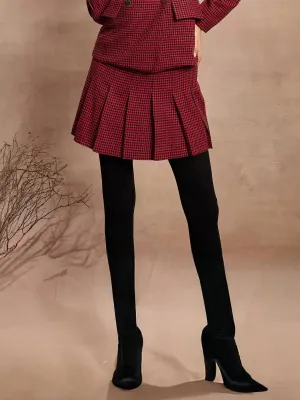 Women Red Houndstooth Check Pleated Mini Skirt-SFSKRT30476