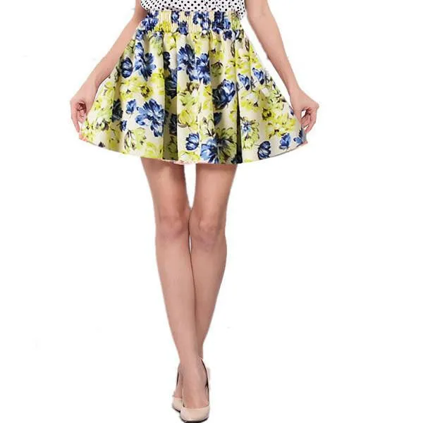 Women Retro High Waist Pleated Floral Chiffon Mini Short Casual Skirts Sweet