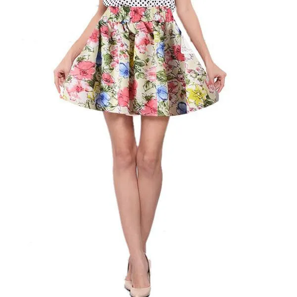 Women Retro High Waist Pleated Floral Chiffon Mini Short Casual Skirts Sweet