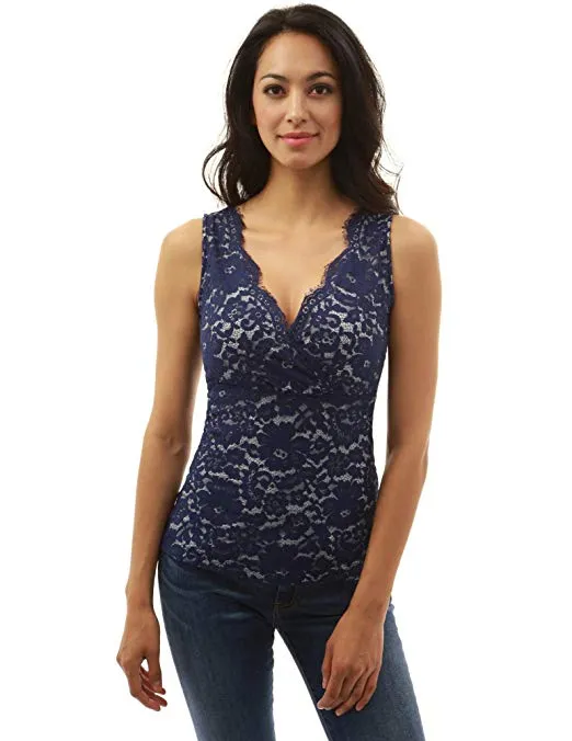 Women Scallop V Neck Floral Lace Blouse