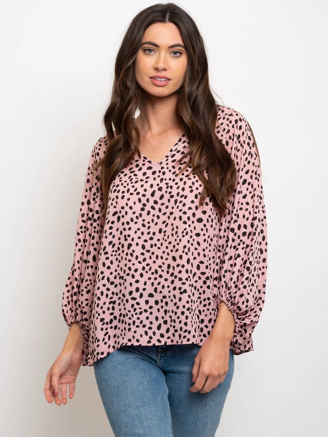 WOMEN'S ANIMAL PRINT LONG SLEEVE V-NECK TOP