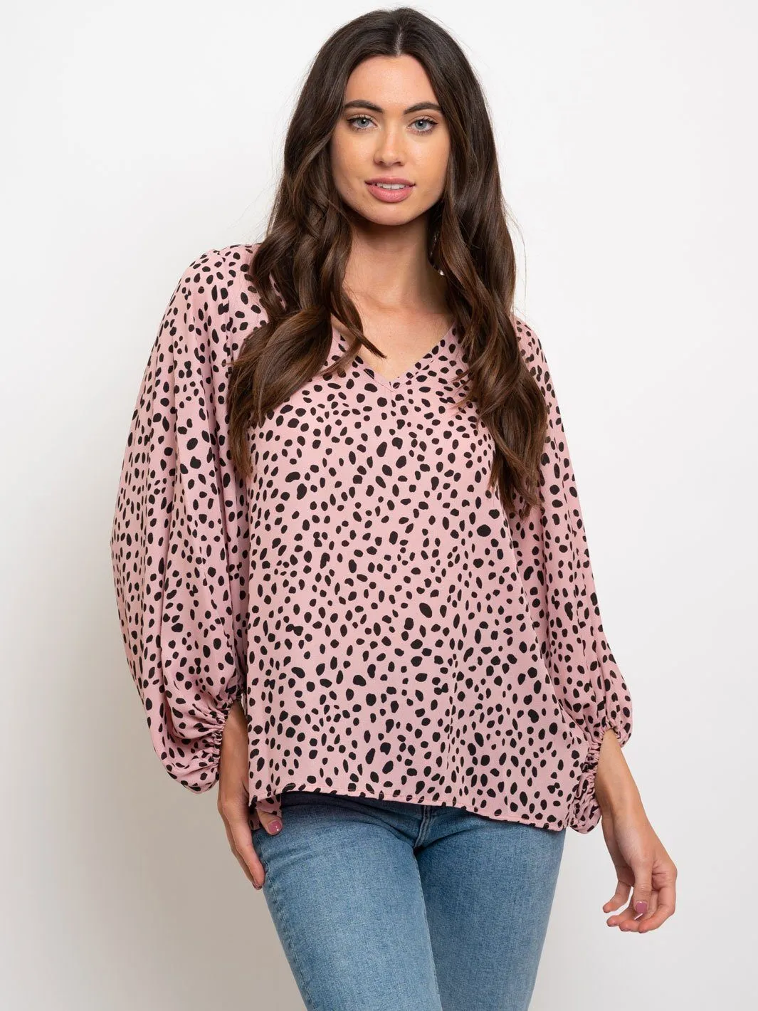 WOMEN'S ANIMAL PRINT LONG SLEEVE V-NECK TOP