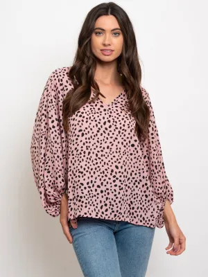 WOMEN'S ANIMAL PRINT LONG SLEEVE V-NECK TOP