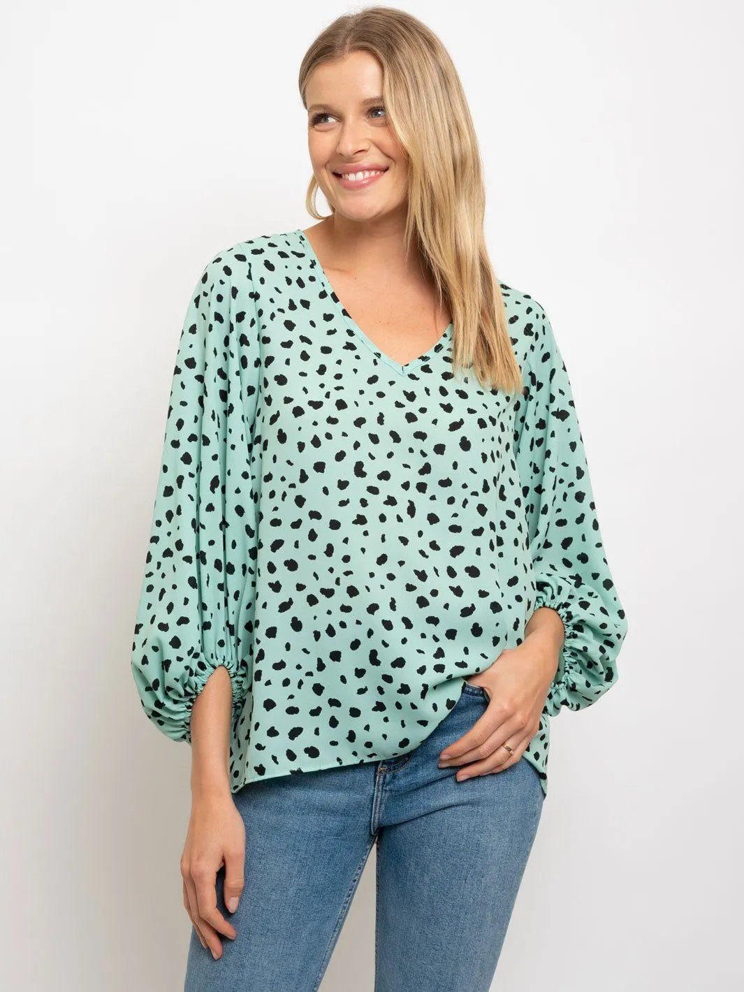 WOMEN'S ANIMAL PRINT LONG SLEEVE V-NECK TOP