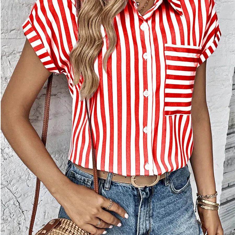 Women's Blouse Short Sleeve Blouses Simple Style Stripe