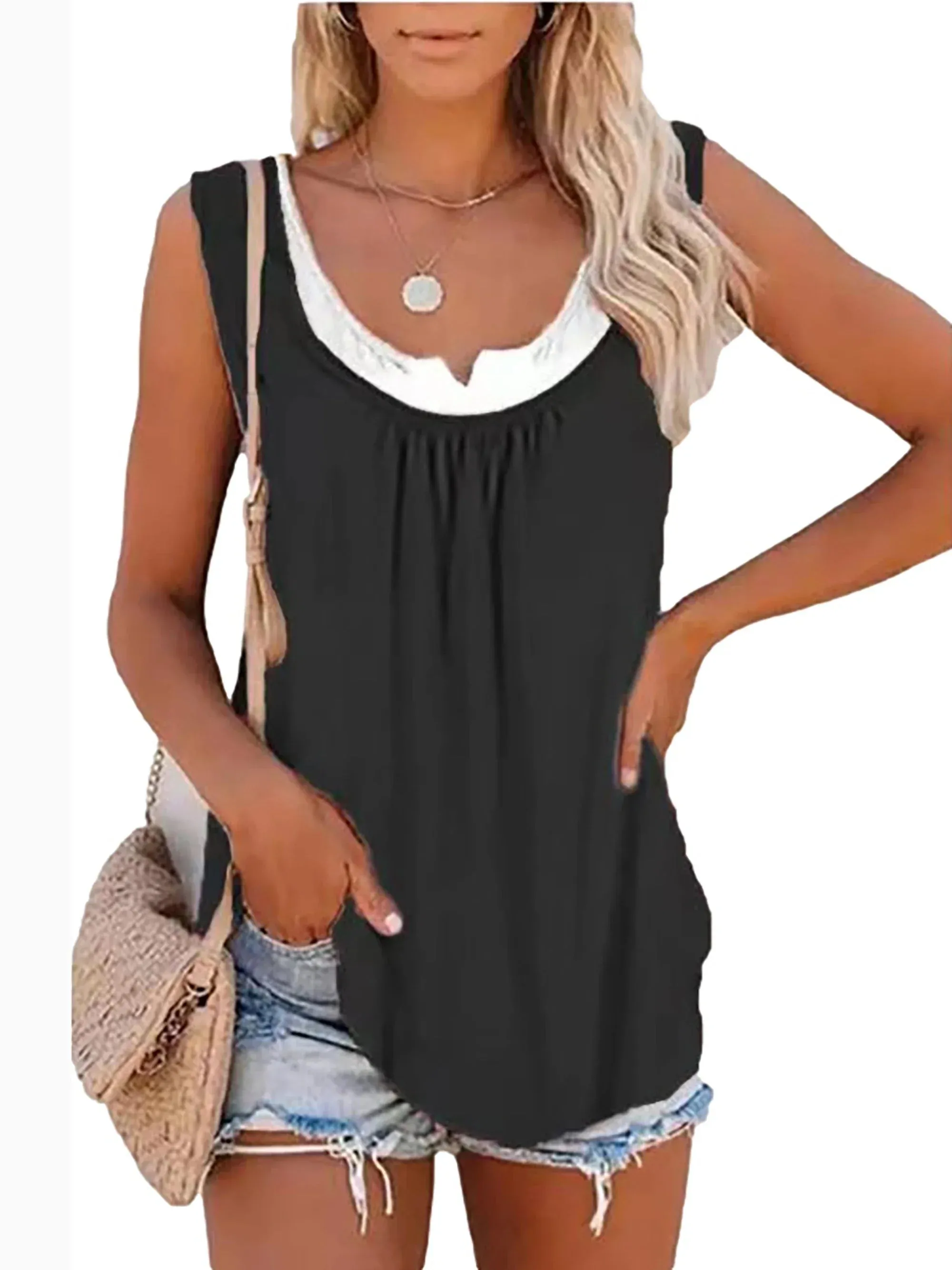 Womens blouse solid color patchwork sleeveless pleated vest T-shirt