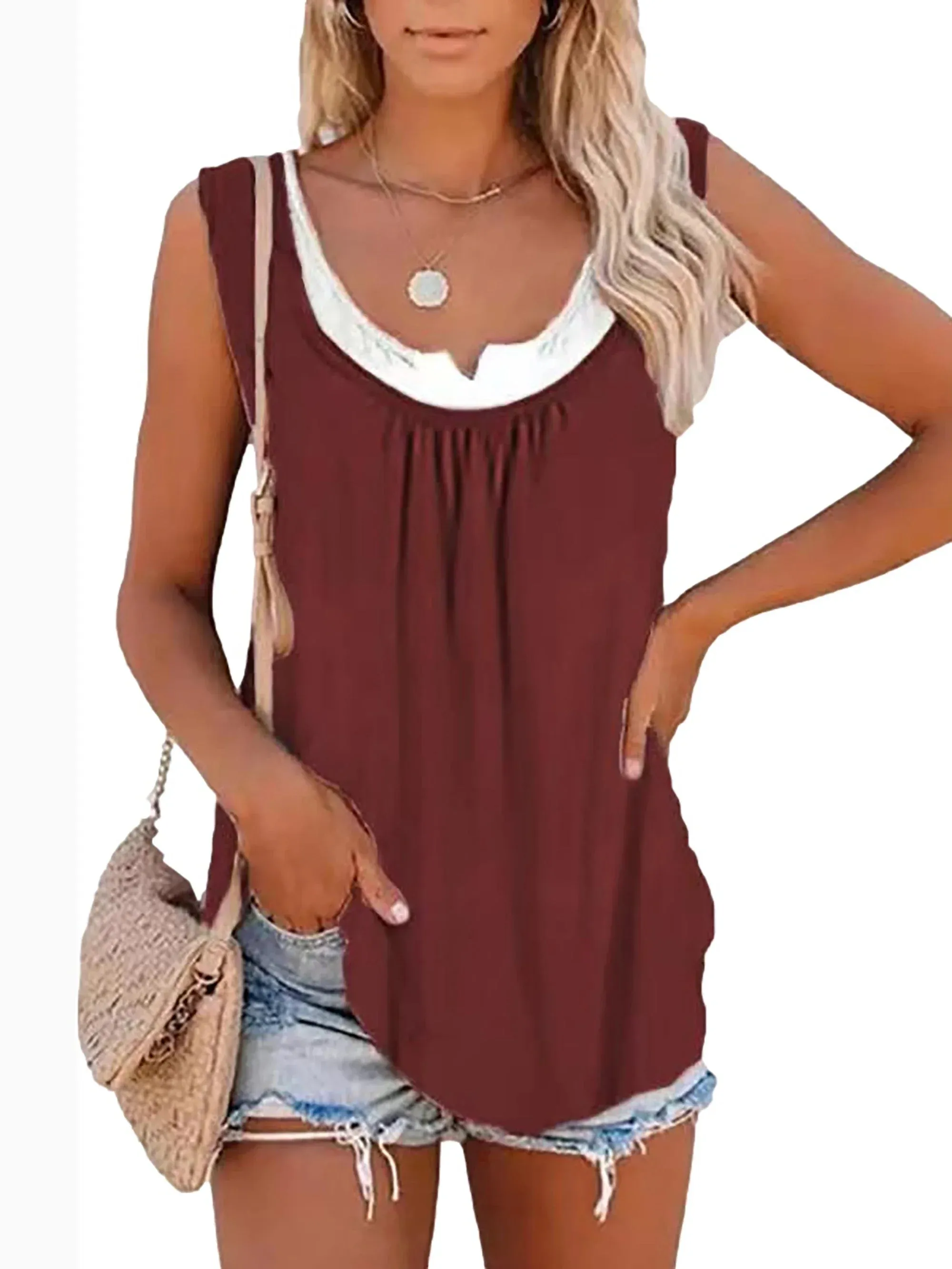 Womens blouse solid color patchwork sleeveless pleated vest T-shirt