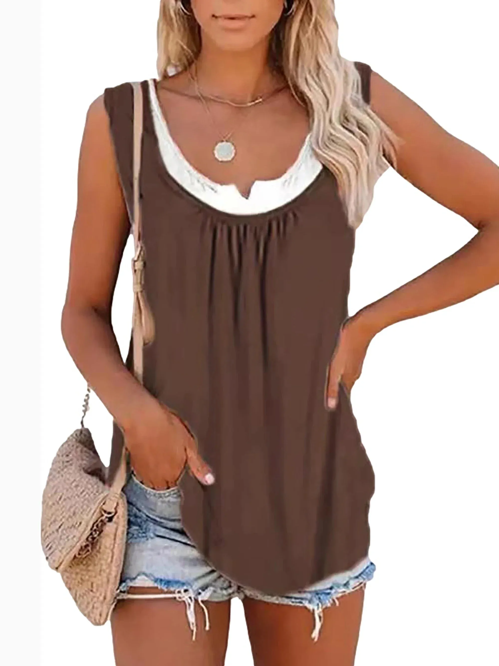 Womens blouse solid color patchwork sleeveless pleated vest T-shirt