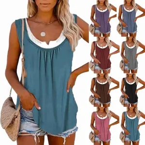 Womens blouse solid color patchwork sleeveless pleated vest T-shirt