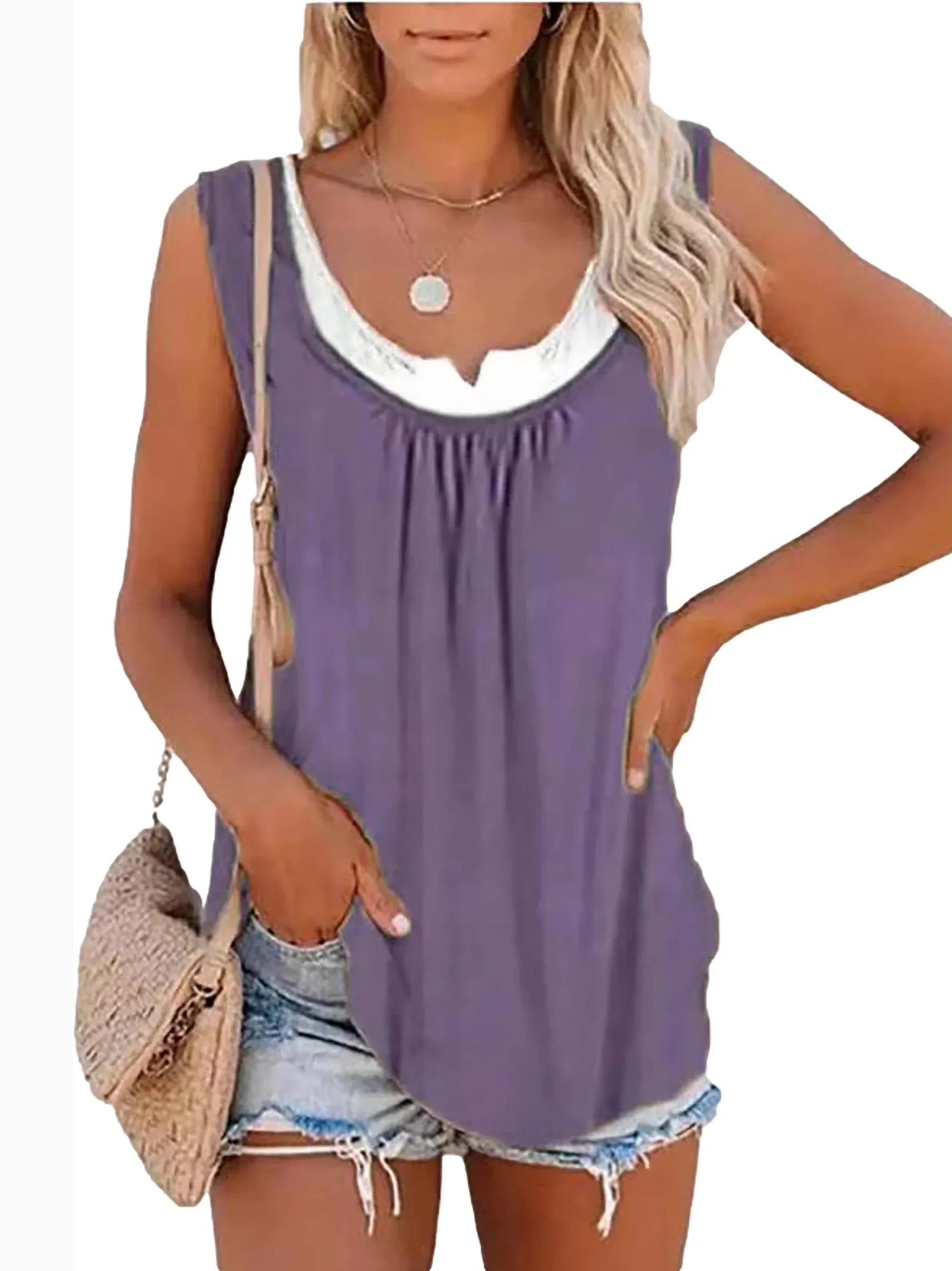 Womens blouse solid color patchwork sleeveless pleated vest T-shirt