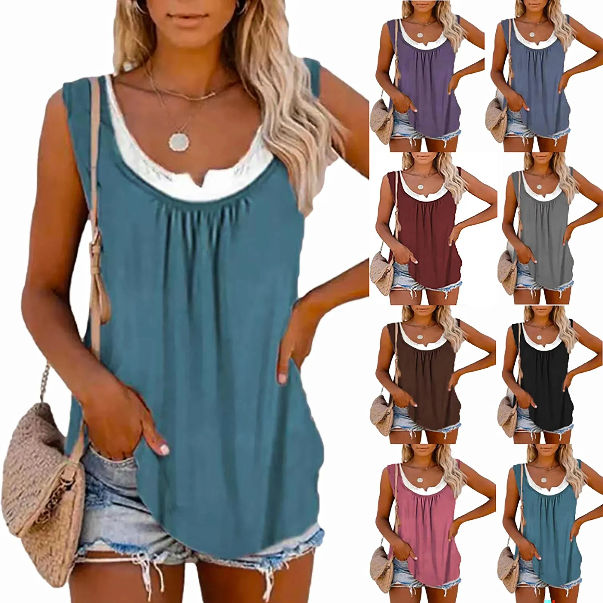 Womens blouse solid color patchwork sleeveless pleated vest T-shirt